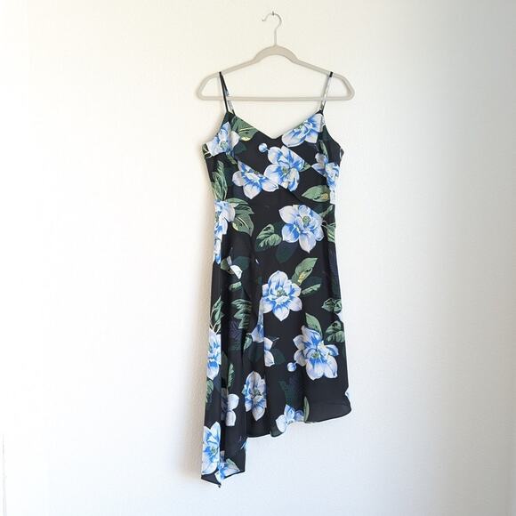 Banana Republic Satin Floral Asymmetrical Strappy Wrap Ruffle Midi Dress, sz 10P - Picture 1 of 8